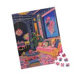 Regal Eclectic Puzzle tilted showing navy maximalist room with pink sofa and floral painting — loose pieces at bottom corner