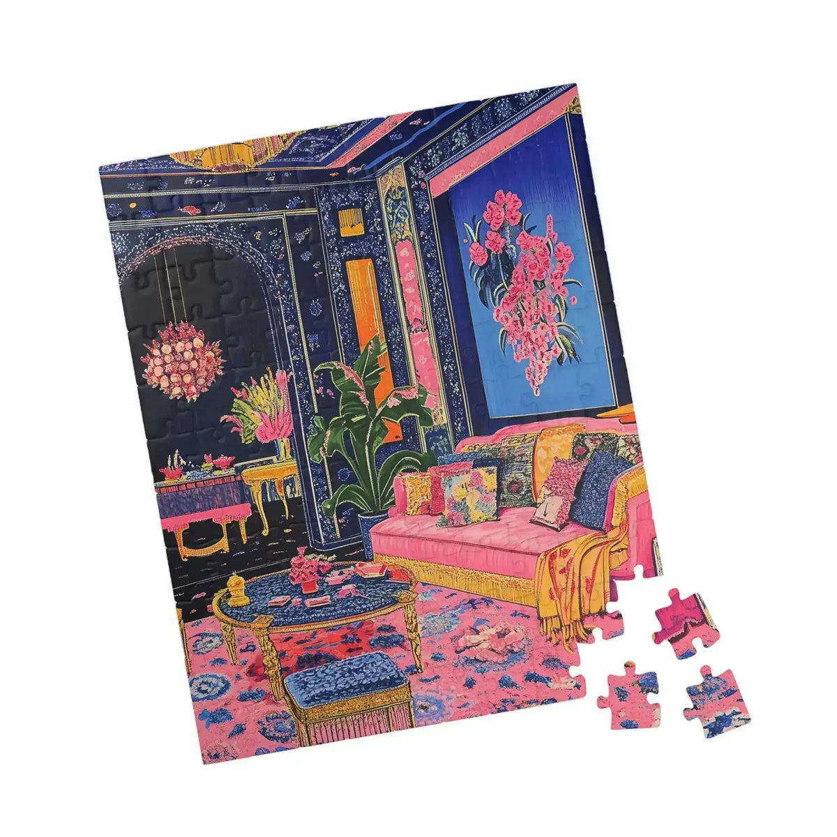Tilted Regal Eclectic Puzzle with a few separated corner pieces showing ornate navy pink room with floral wall art