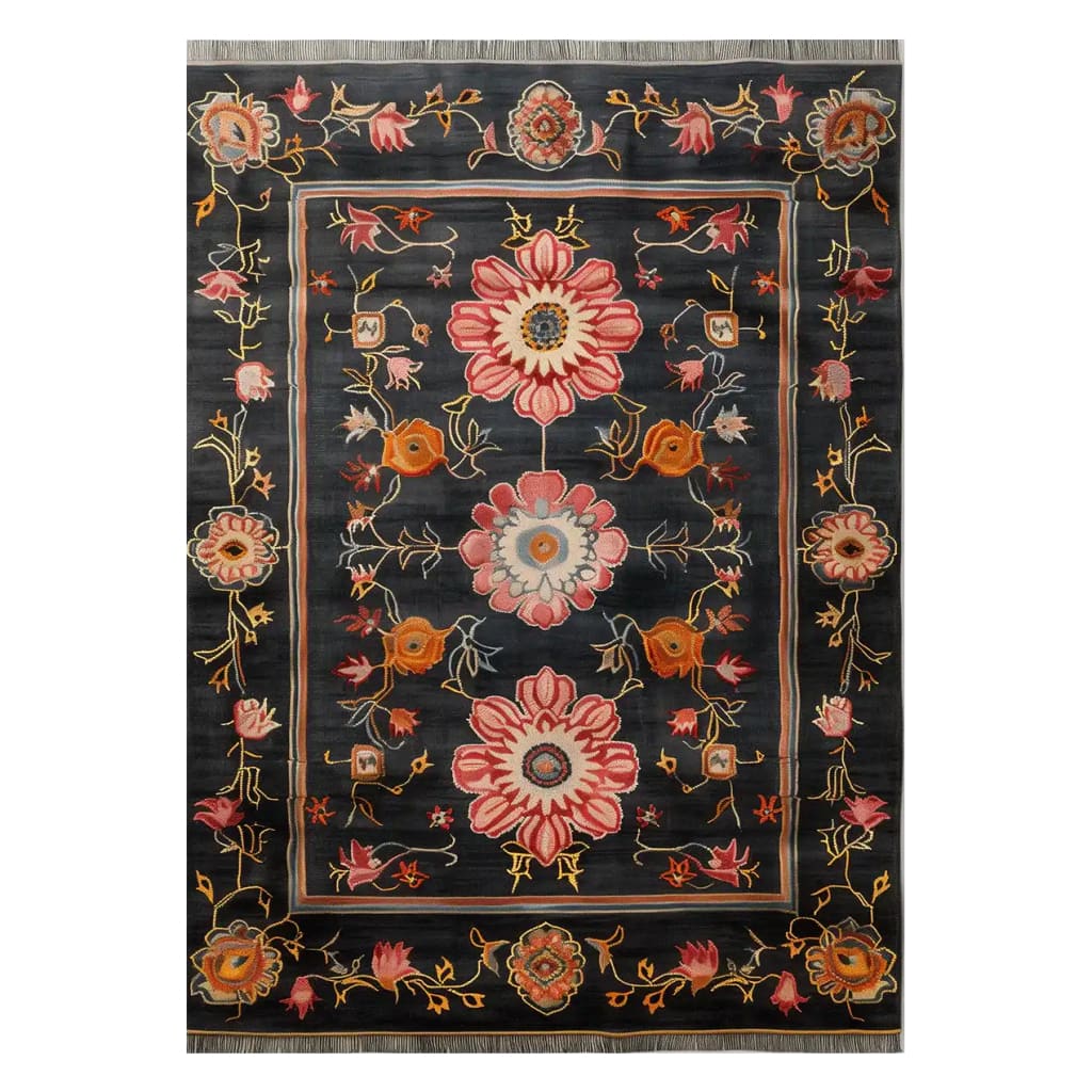 Top view of the Regal Flora Hand Tufted Wool Rug, featuring vibrant floral patterns in red, orange, and pink on a dark background. This elegant area rug adds a touch of sophistication to any living room, perfect for those seeking quality wool rugs.