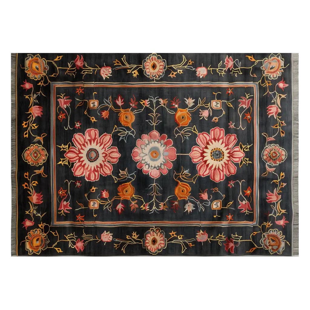 A vibrant Regal Flora Hand Tufted Wool Rug featuring a bold floral design with intricate patterns. This elegant area rug is perfect for elevating living room decor, offering both style and comfort with its plush wool texture.