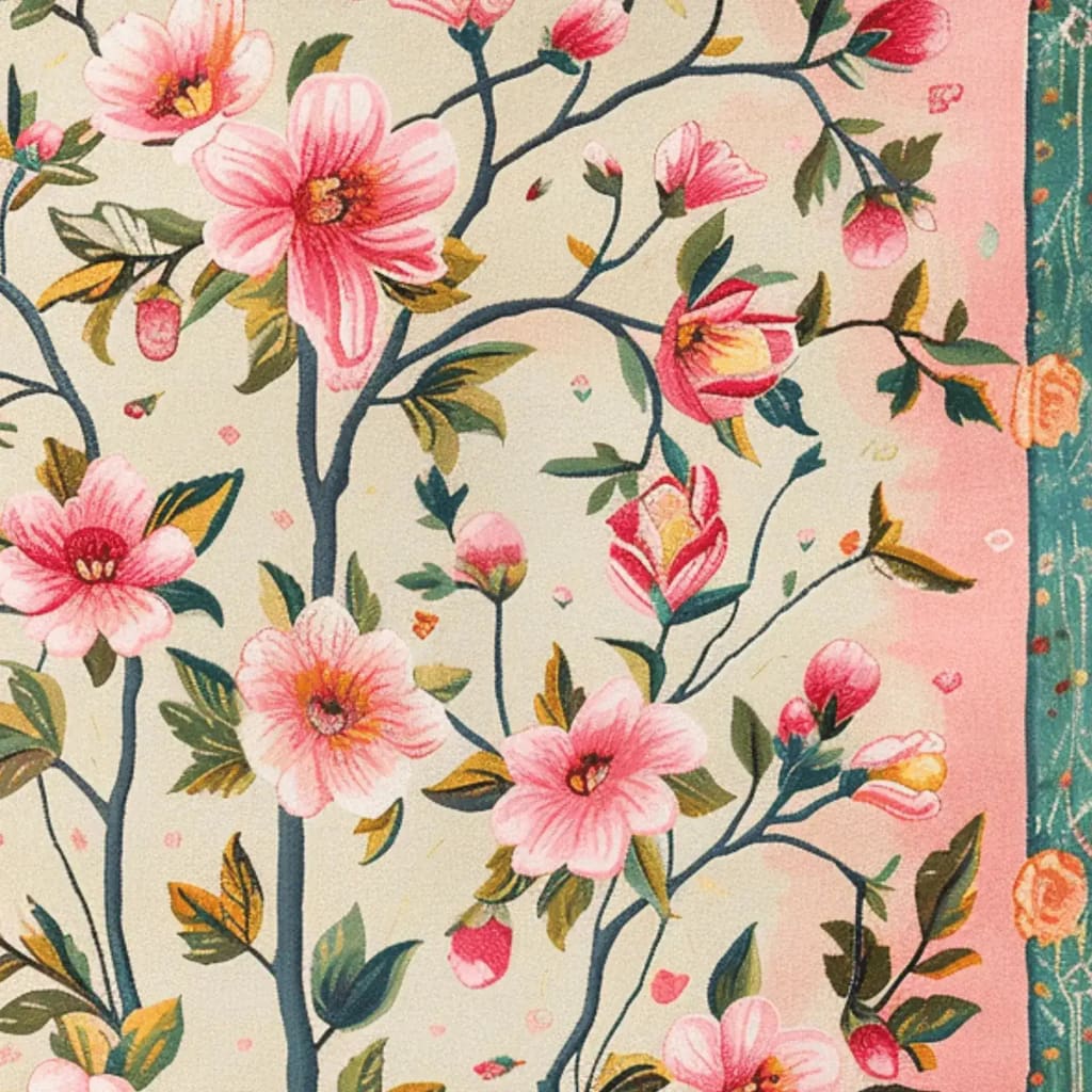 A vibrant floral area rug showcasing a hand-tufted design with pink blossoms and green leaves, perfect for large living rooms or offices. This vintage wool rug adds a touch of elegance and charm, making it an ideal choice for those seeking a floral rug with a classic appeal.