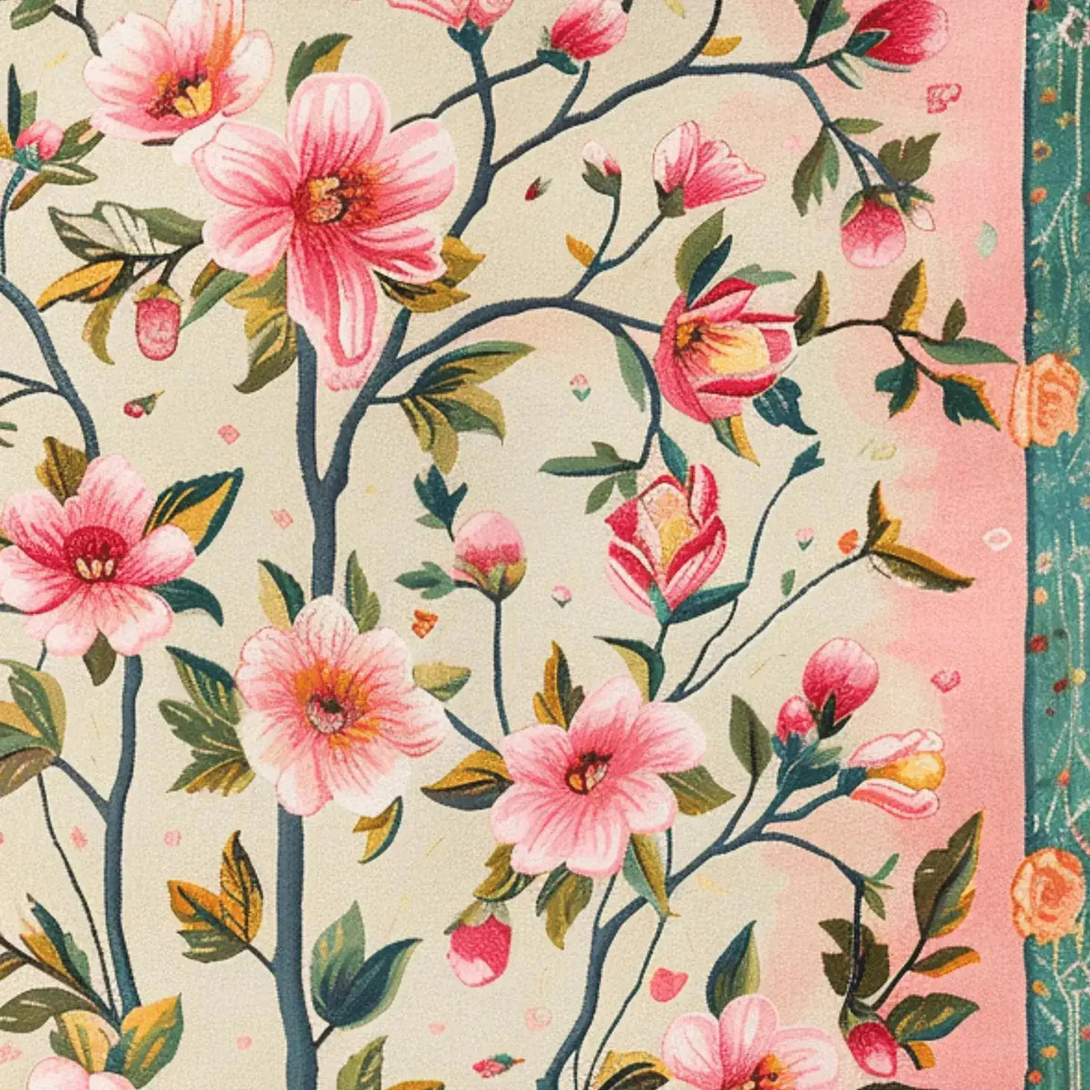 A vibrant floral area rug showcasing a hand-tufted design with pink blossoms and green leaves, perfect for large living rooms or offices. This vintage wool rug adds a touch of elegance and charm, making it an ideal choice for those seeking a floral rug with a classic appeal.