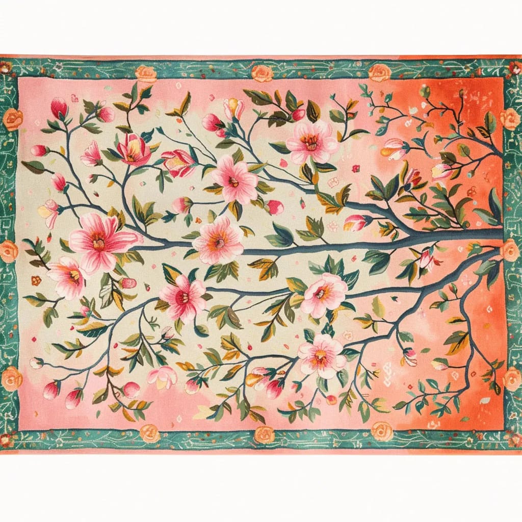 A beautifully detailed hand-tufted area rug showcasing a vibrant floral design, perfect for large living rooms or offices. The vintage-inspired rug features pink and green hues with intricate floral patterns that add a touch of elegance to any space. Made from high-quality wool, this rug is both durable and stylish, making it an ideal choice for those seeking a floral or vintage rug aesthetic.