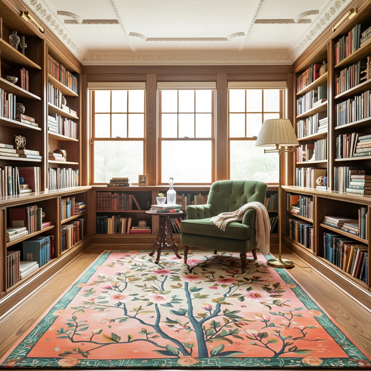 Library with bookshelves, armchair, and floral rug