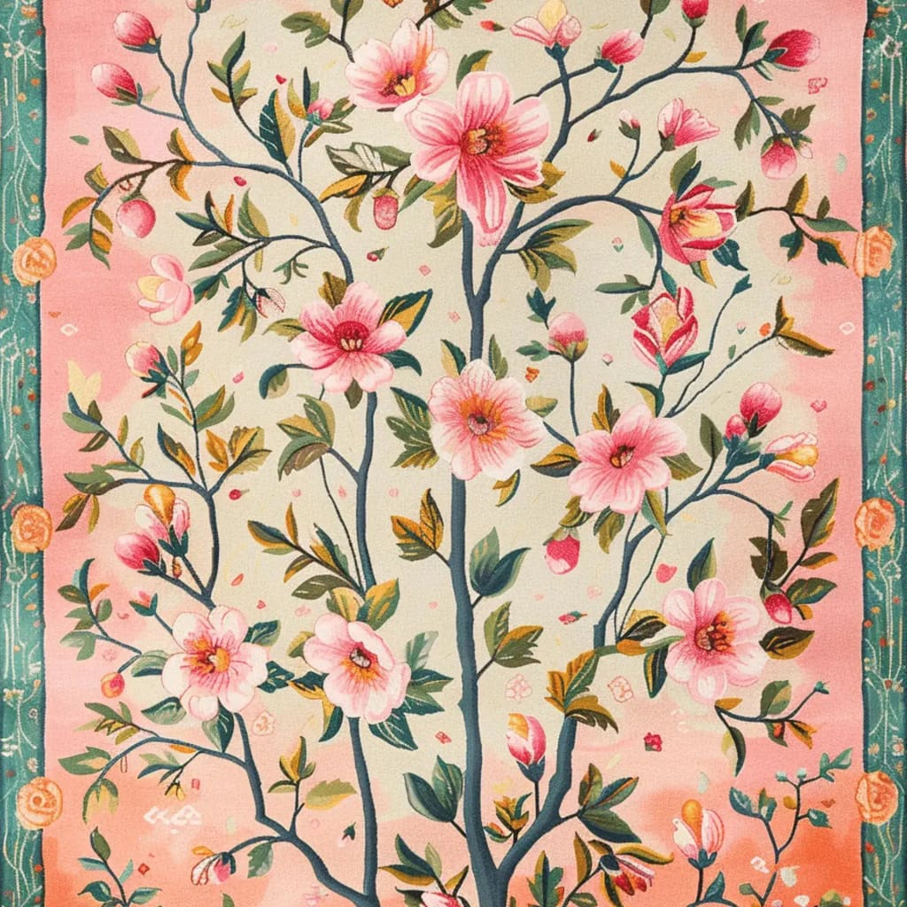 A vibrant hand-tufted area rug featuring a detailed floral design with pink blossoms and green leaves on a soft gradient background. Ideal for large living rooms or offices, this vintage wool rug adds a touch of elegance and warmth, perfect for enhancing your space with a classic floral motif.