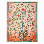 Elegant Regal Floral Frame Hand Tufted Area Rug featuring a vibrant floral design with pink blossoms on a cream and peach background. Perfect as a large living room rug or vintage wool rug for an office setting, adding a touch of sophistication and warmth.