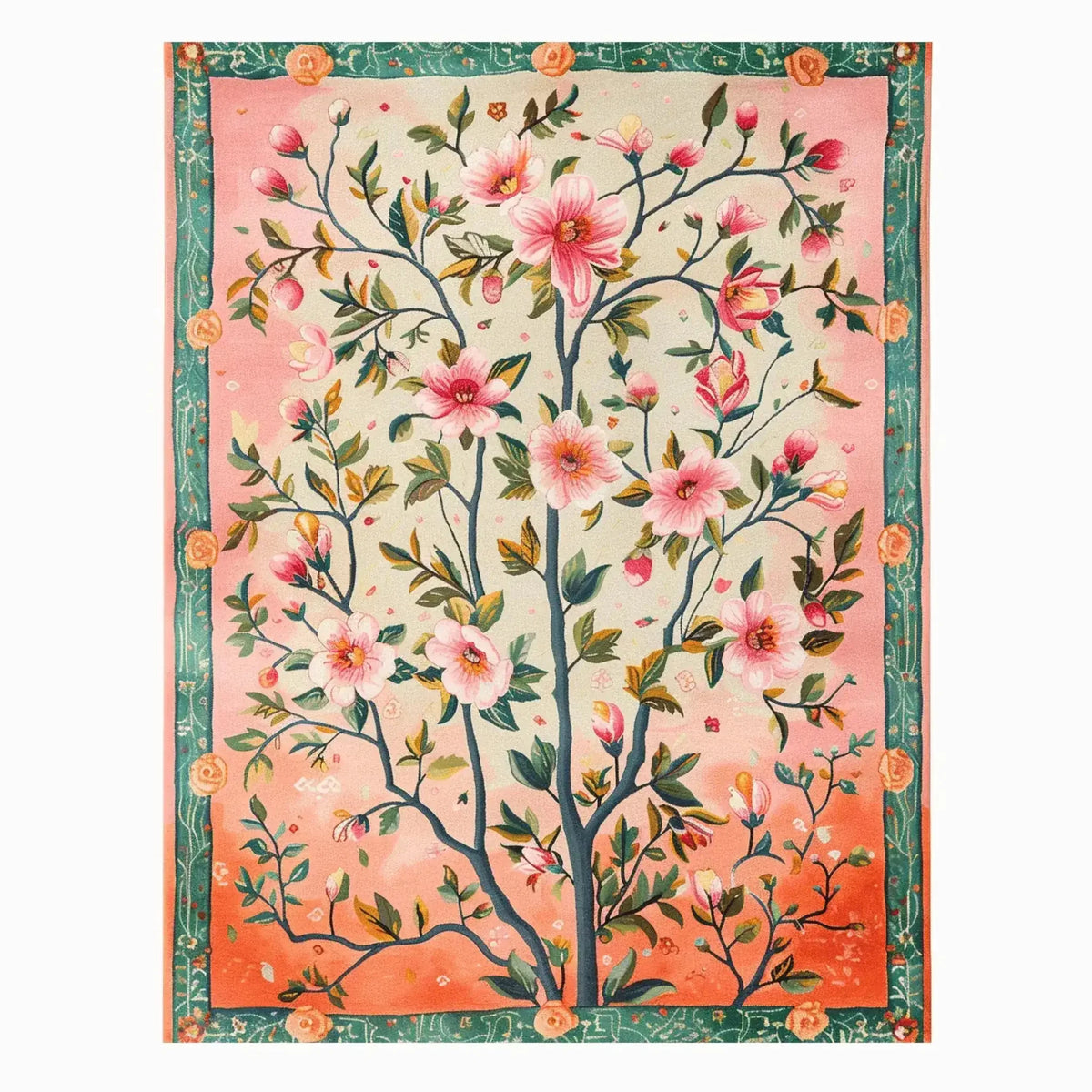 Elegant Regal Floral Frame Hand Tufted Area Rug featuring a vibrant floral design with pink blossoms on a cream and peach background. Perfect as a large living room rug or vintage wool rug for an office setting, adding a touch of sophistication and warmth.