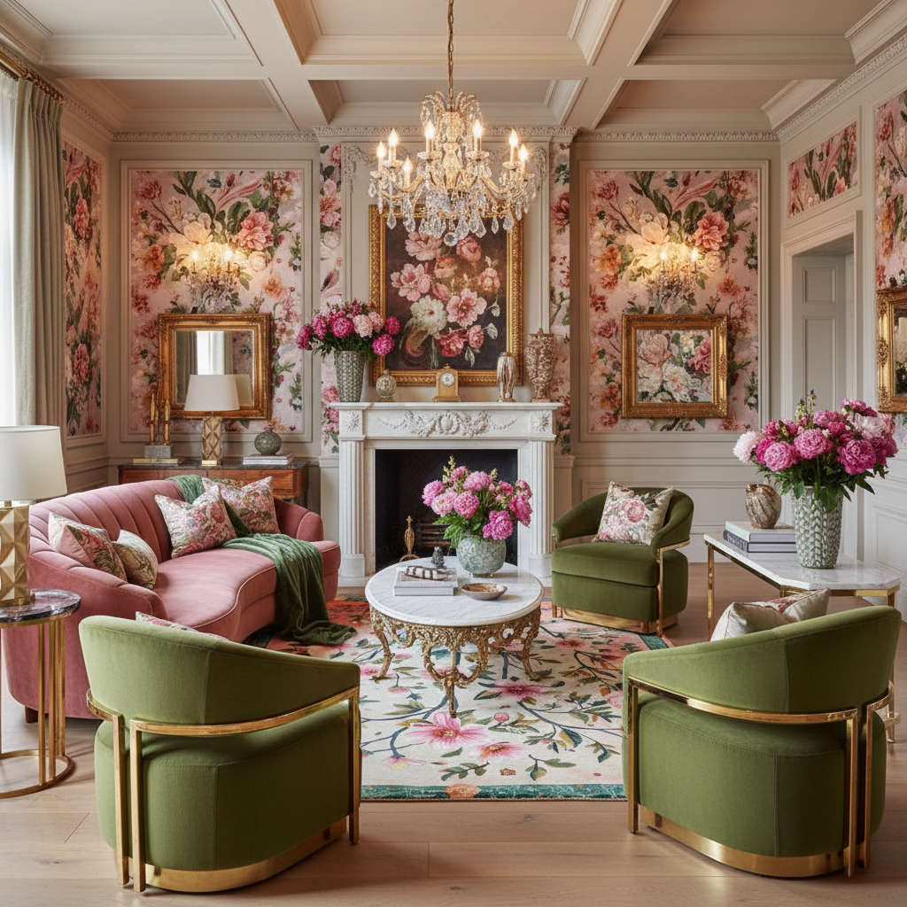 Regal floral frame hand tufted rug, pink blooms on cream with teal border in an opulent floral lounge