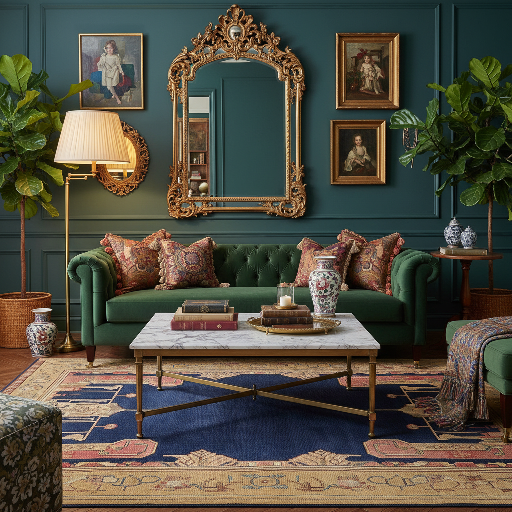 Decorative living room with green sofa, ornate mirror, a traditional blue wool rug, and framed pictures on a dark teal wall.