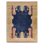 A beautifully designed area rug featuring a bold navy center surrounded by an intricate border in warm beige and pink tones. This contemporary wool rug is perfect for adding a touch of elegance to any living room. Ideal as an 8x10 living room rug, it showcases a blend of traditional and modern design elements.