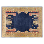 Elegant Area Rug showcasing a contemporary design with a deep blue center surrounded by intricate golden and red patterns. This wool rug adds a touch of sophistication to any space, perfect for living rooms. The 8x10 size is ideal for enhancing large spaces.