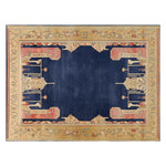 Elegant Area Rug showcasing a contemporary design with a deep blue center surrounded by intricate golden and red patterns. This wool rug adds a touch of sophistication to any space, perfect for living rooms. The 8x10 size is ideal for enhancing large spaces.
