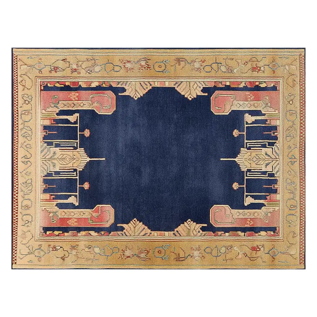 Elegant Area Rug showcasing a contemporary design with a deep blue center surrounded by intricate golden and red patterns. This wool rug adds a touch of sophistication to any space, perfect for living rooms. The 8x10 size is ideal for enhancing large spaces.