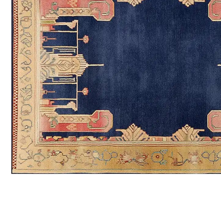 The Regal Midnight Courtyard Hand Tufted Wool Rug showcases an elegant design with intricate patterns on a deep blue background. This contemporary area rug is perfect for adding a touch of sophistication to your living room. Ideal for spaces needing an 8x10 wool rug, it combines style and comfort, making it a standout choice among living room rugs.