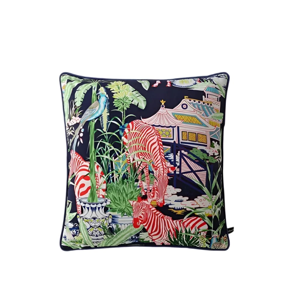 Regal Midnight Zebra Throw Pillow featuring vibrant red and white zebra patterns against a dark navy background, surrounded by lush greenery and decorative elements.