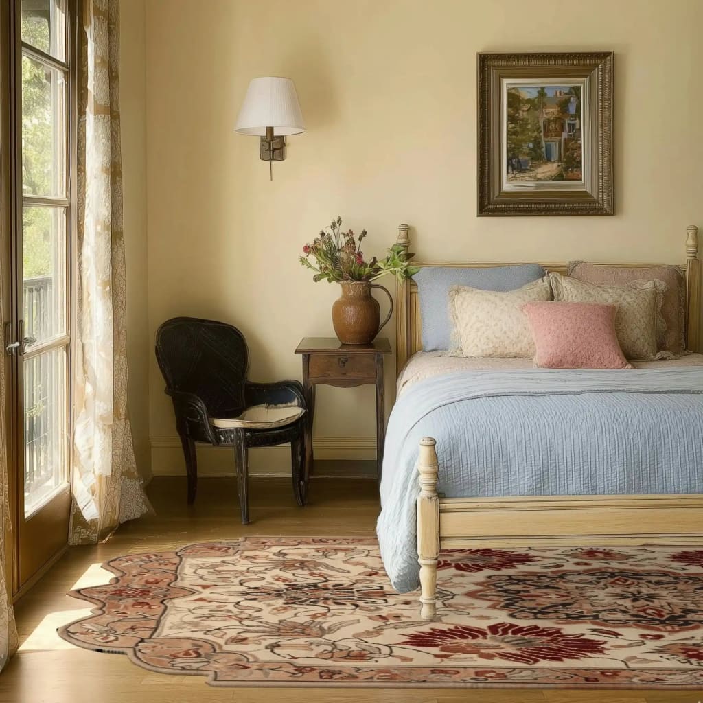 Cozy bedroom featuring a Regal Petal Hand-Tufted Area Rug. This elegant wool rug with vintage patterns adds warmth to the space, perfect for large living rooms. The rug's intricate design complements the room's classic decor, creating a welcoming atmosphere.