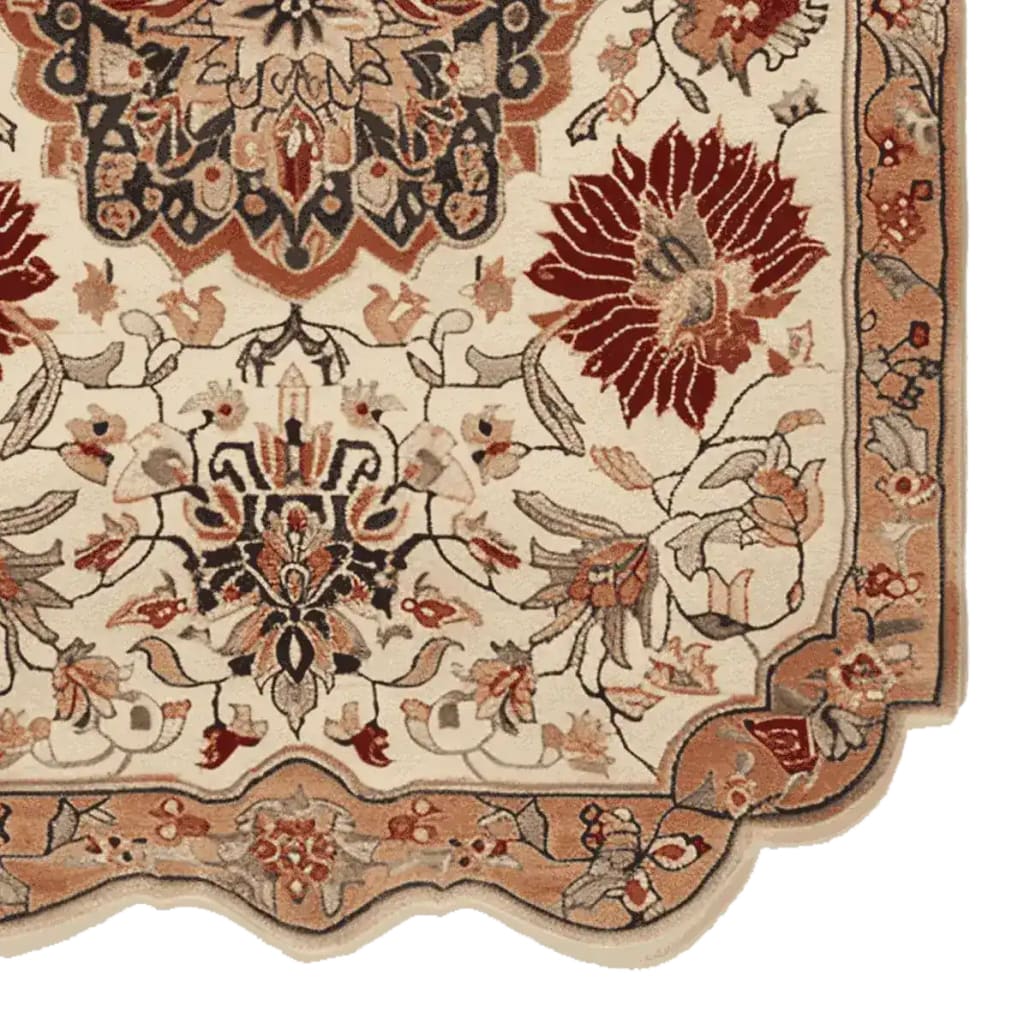 Close-up of the Regal Petal Hand-Tufted Area Rug showcasing intricate vintage floral patterns in rich red and beige tones. This wool rug is perfect for adding elegance to large living rooms.