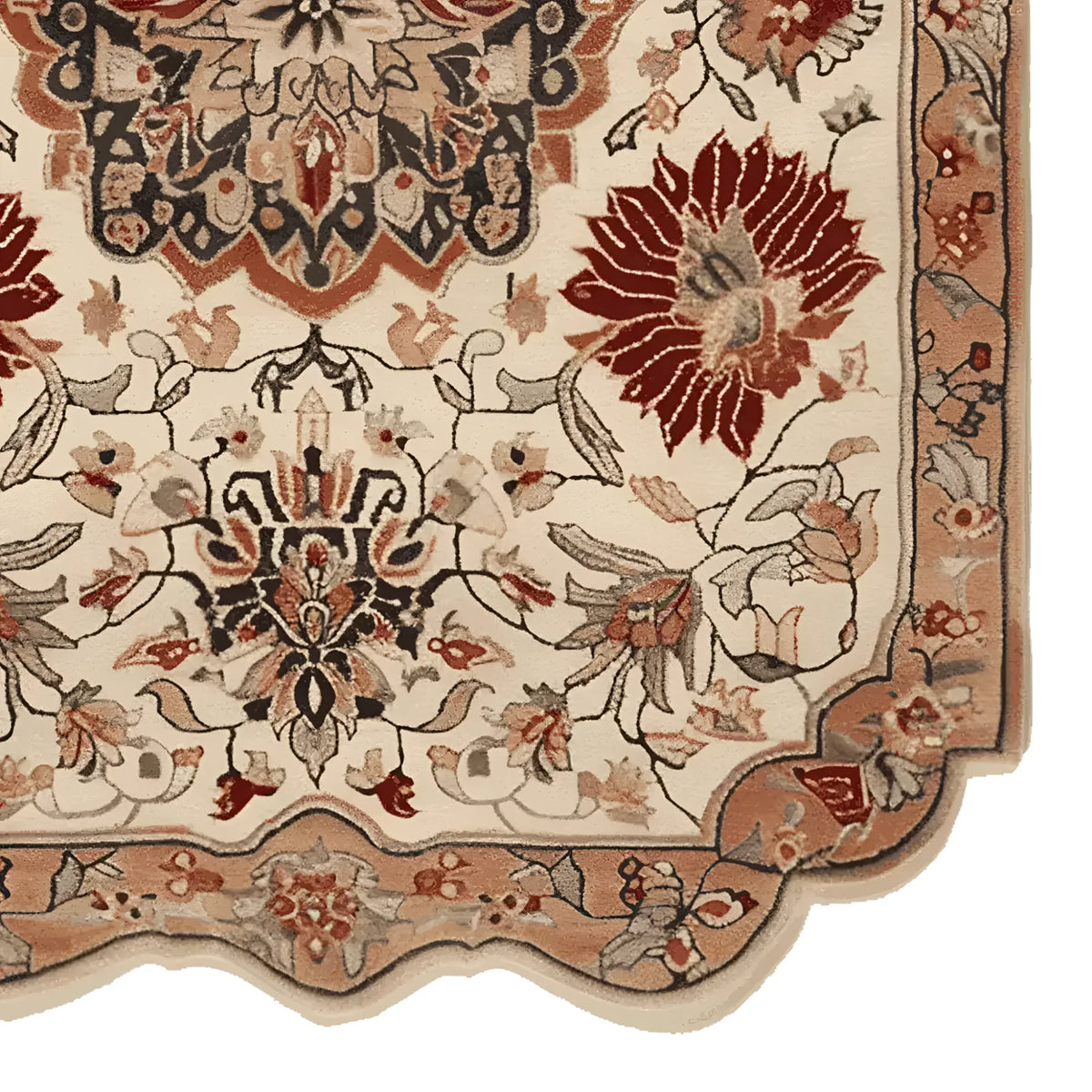 Close-up of the Regal Petal Hand-Tufted Area Rug showcasing intricate vintage floral patterns in rich red and beige tones. This wool rug is perfect for adding elegance to large living rooms.