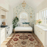 Beautifully designed Regal Petal Hand-Tufted Area Rug in a cozy living room setting, showcasing intricate vintage floral patterns. This wool rug enhances the elegance of the space, ideal for large living rooms seeking a classic touch.