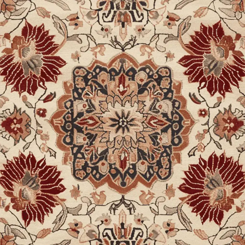 A detailed view of the Regal Petal Hand-Tufted Area Rug, showcasing intricate floral patterns in deep red, beige, and navy. This wool rug, perfect for large living rooms, adds a vintage charm with its elegant design.
