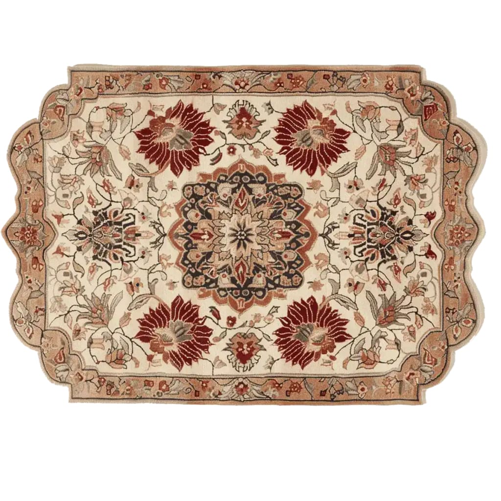 Top view of the Regal Petal Hand-Tufted Area Rug showcasing intricate vintage floral patterns. This large wool rug, perfect for living rooms, features rich red and beige tones, ideal for adding an elegant touch to any space.