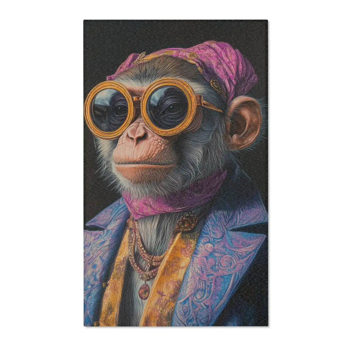 Dapper chimp wearing oversized round gold-framed goggles, pink headscarf, bejeweled blue baroque jacket on dark background — Regal Rebel Couture Monkey Accent Rug front