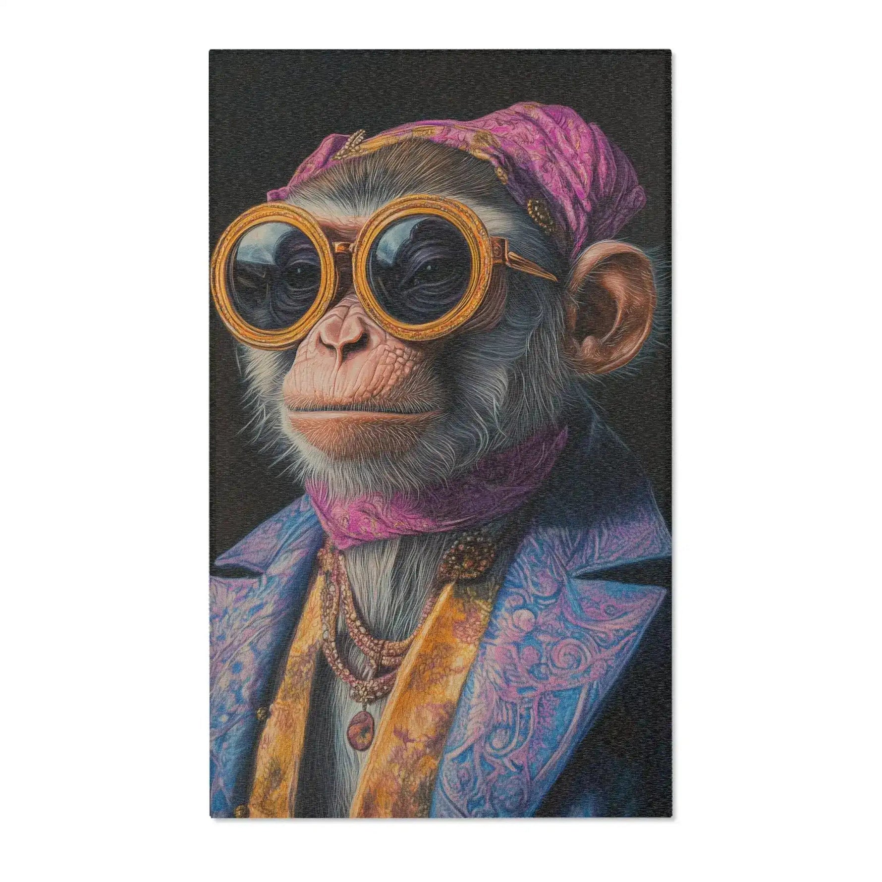Dapper chimp wearing oversized round gold-framed goggles, pink headscarf, bejeweled blue baroque jacket on dark background — Regal Rebel Couture Monkey Accent Rug front