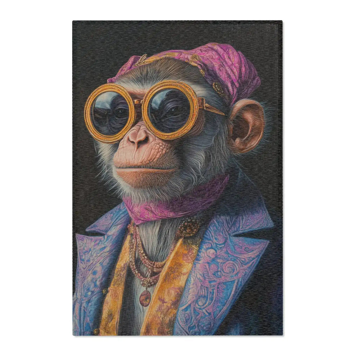 Dapper chimp in round gold goggles, pink scarf, baroque blue jacket — Regal Rebel Couture Monkey Accent Rug woven texture visible