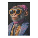 Dapper chimp in round gold goggles, pink scarf, baroque blue jacket — Regal Rebel Couture Monkey Accent Rug woven texture visible