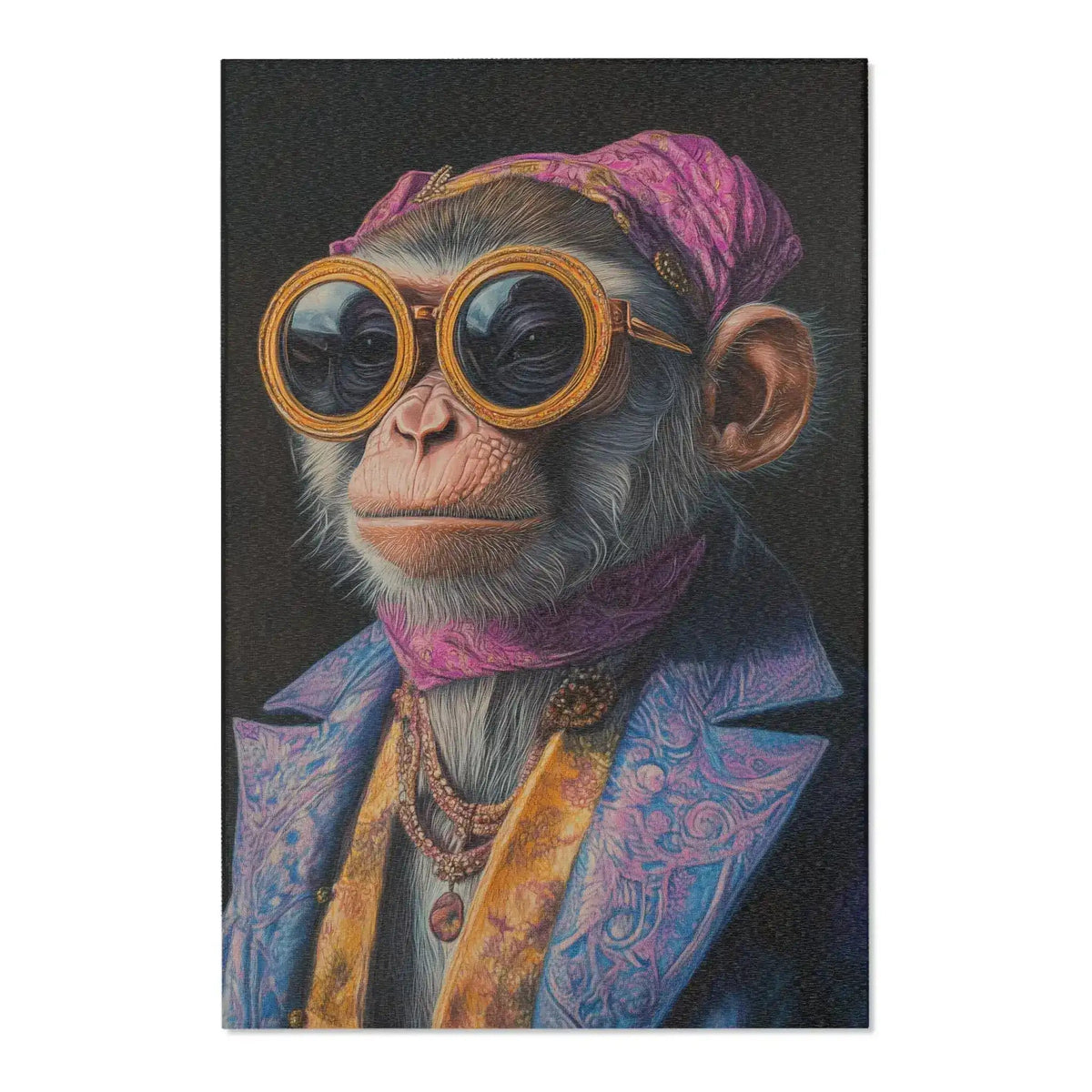 Glamorous white eagle with orange flame feathered crest, crystal sunglasses, jeweled necklace, pink feathered coat on dark background — Regal Rebel Couture Monkey Accent Rug bird