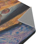 Folded corner of Regal Rebel Couture Monkey Accent Rug showing gold and blue baroque print surface folded over gray non-slip backing with serged edge