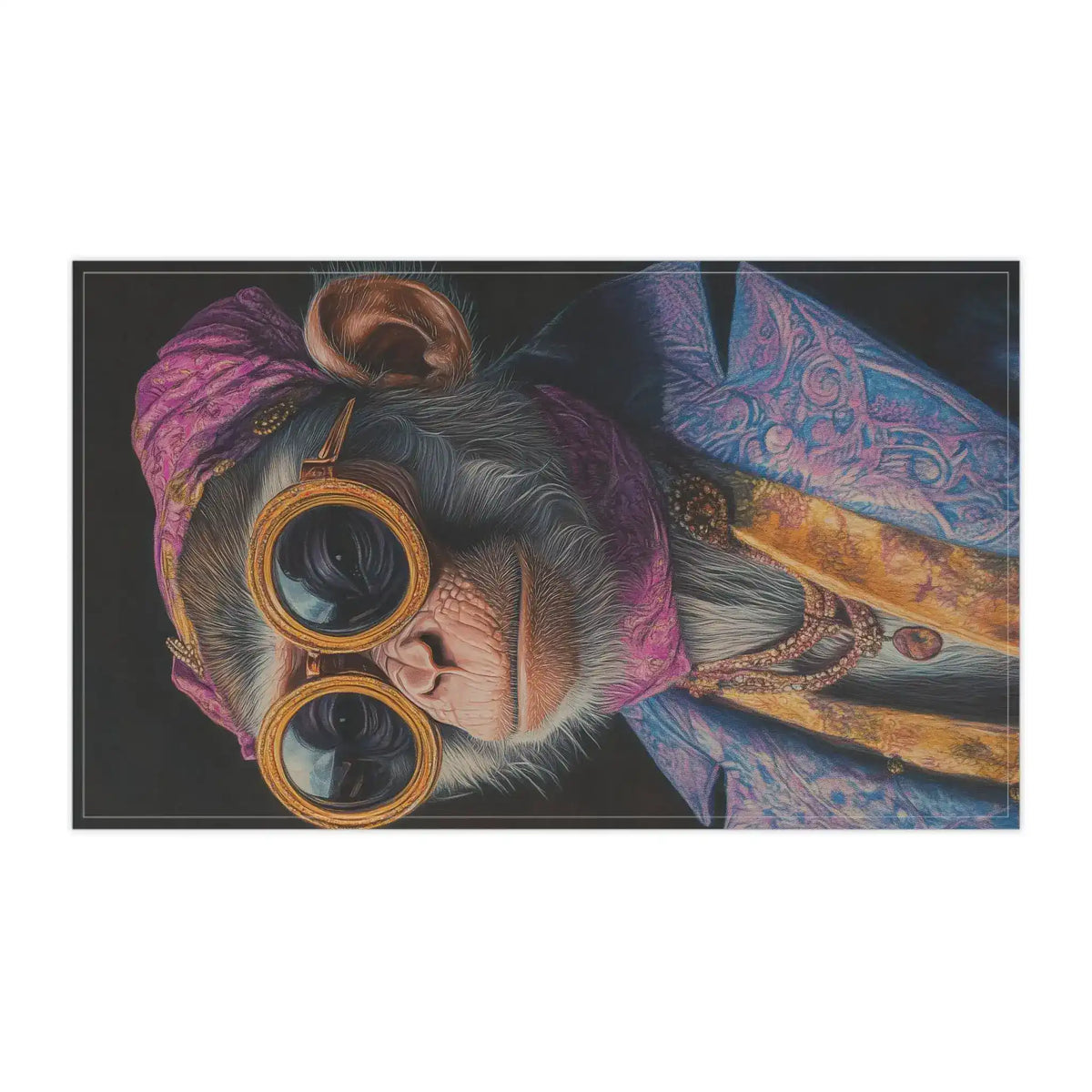 Close frontal view of monkey face wearing gold round goggles and purple jeweled turban with blue brocade coat — Regal Rebel Couture Monkey Cotton Kitchen Towel detail