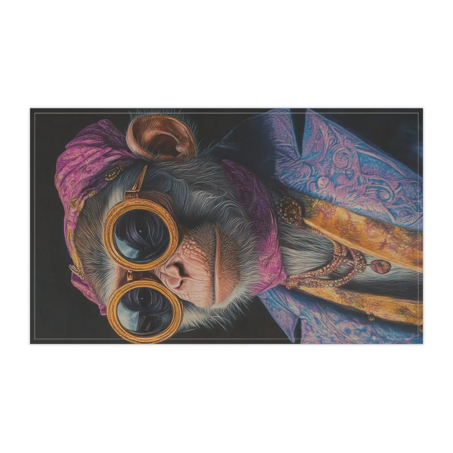 Close frontal view of monkey face wearing gold round goggles and purple jeweled turban with blue brocade coat — Regal Rebel Couture Monkey Cotton Kitchen Towel detail