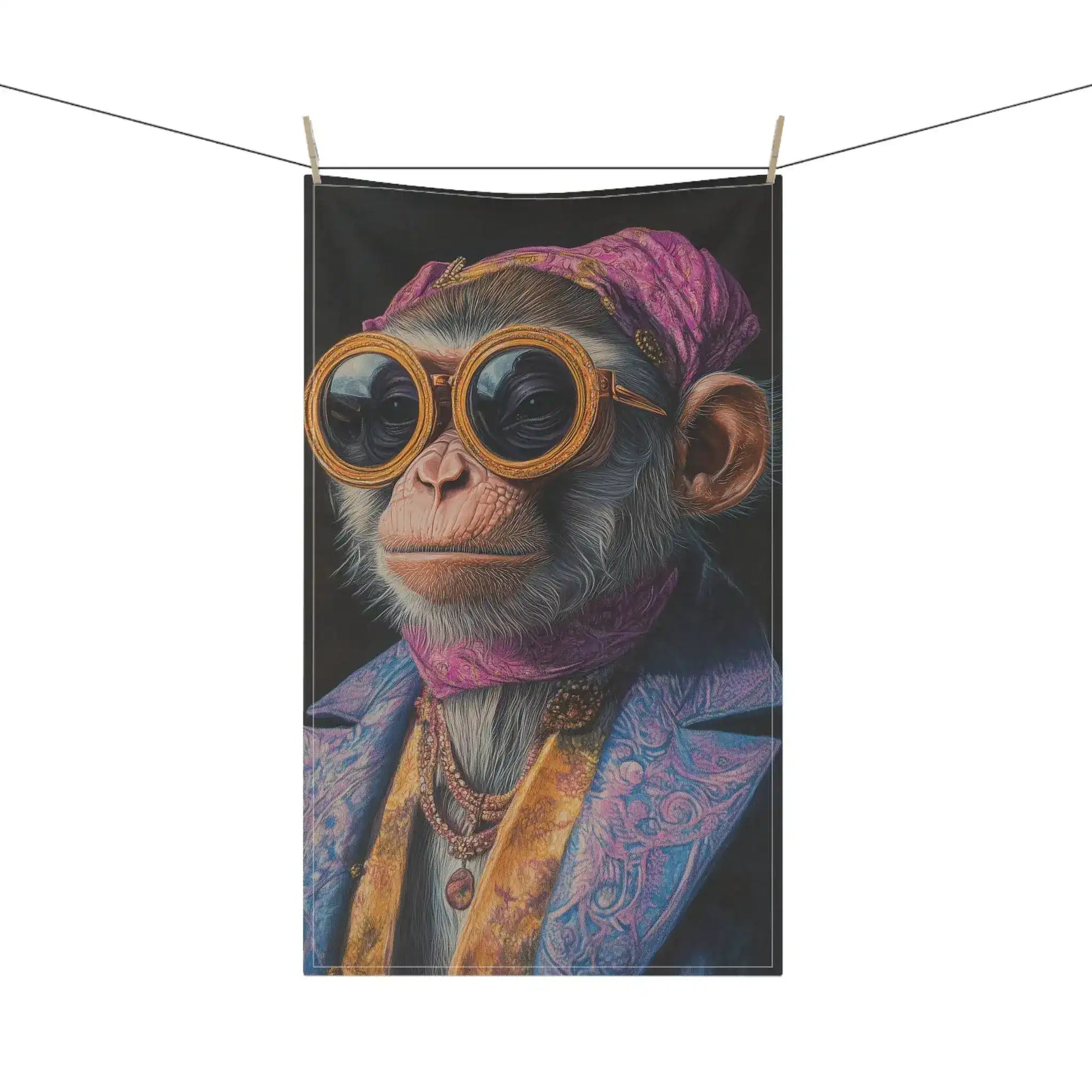 Regal Rebel Couture Monkey Cotton Kitchen Towel on clothesline monkey in pink turban gold goggles blue brocade jacket with beaded necklace