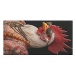 Close-up detail of Regal Renaissance Chicken towel — rooster face with sunglasses, red comb and layered beaded necklace on dark ground