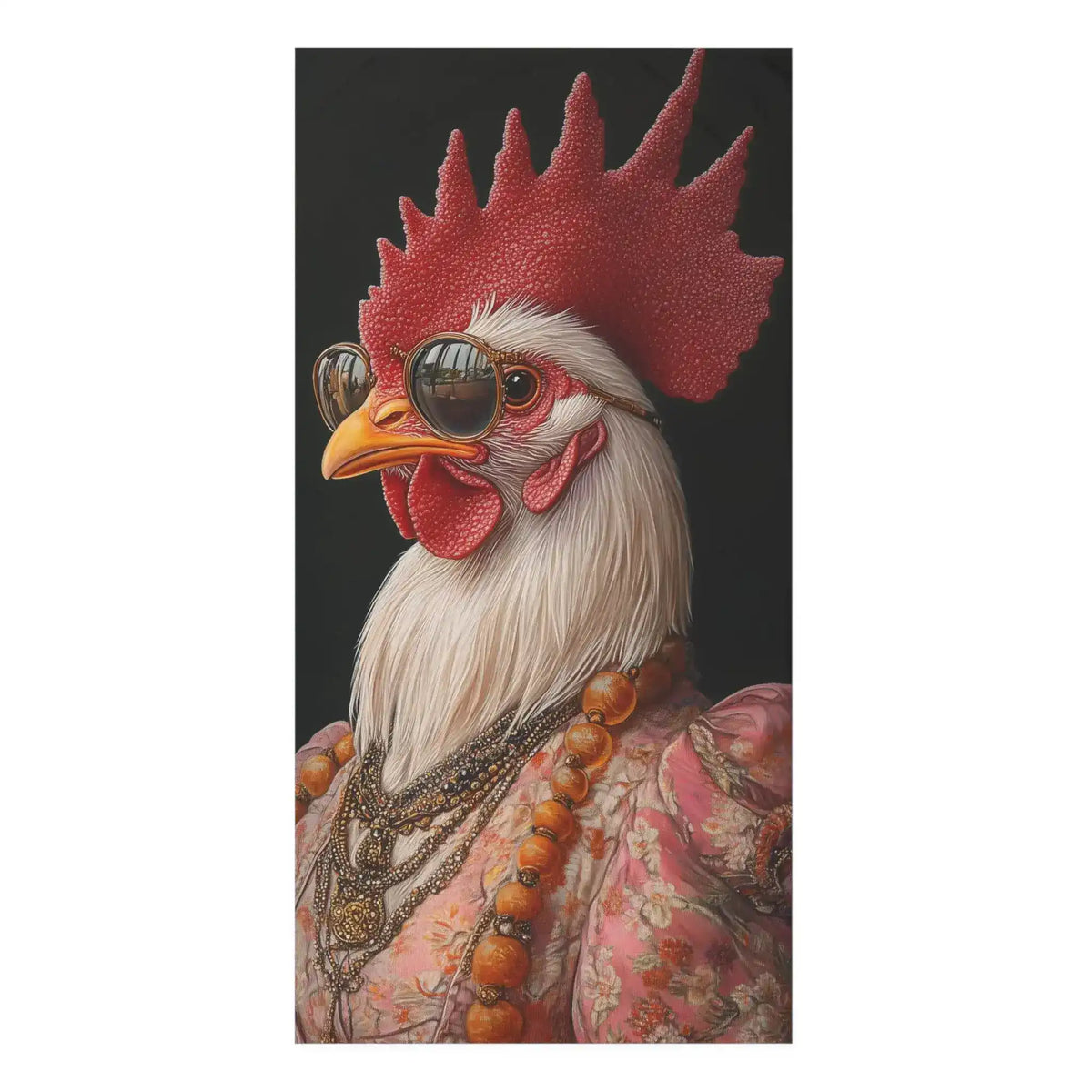 Regal Renaissance Chicken bath towel front — stylized rooster with red comb wearing round sunglasses, beaded necklaces and pink floral jacket