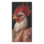 Regal Renaissance Chicken bath towel front — stylized rooster with red comb wearing round sunglasses, beaded necklaces and pink floral jacket