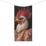 Regal Renaissance Chicken bath towel hanging on clothesline showing full rooster portrait in pink floral jacket with sunglasses