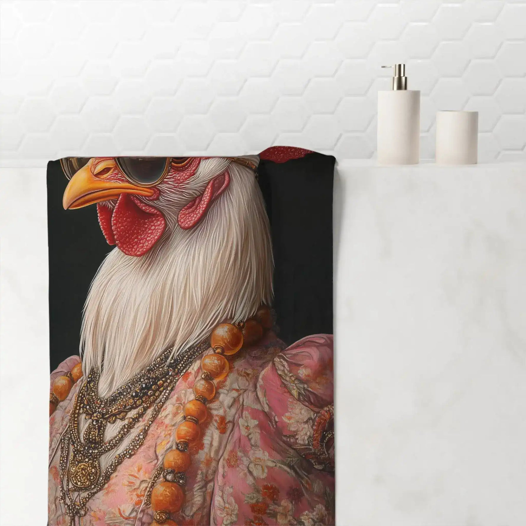 Regal Renaissance Chicken bath towel draped over bathtub edge in white bathroom showing rooster portrait print
