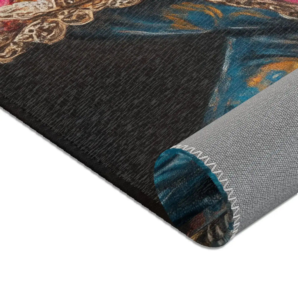 Rolled corner of the Regal Renaissance Chihuahua rug showing dark charcoal surface with blue floral jacket edge and grey non-slip backing with zigzag seam