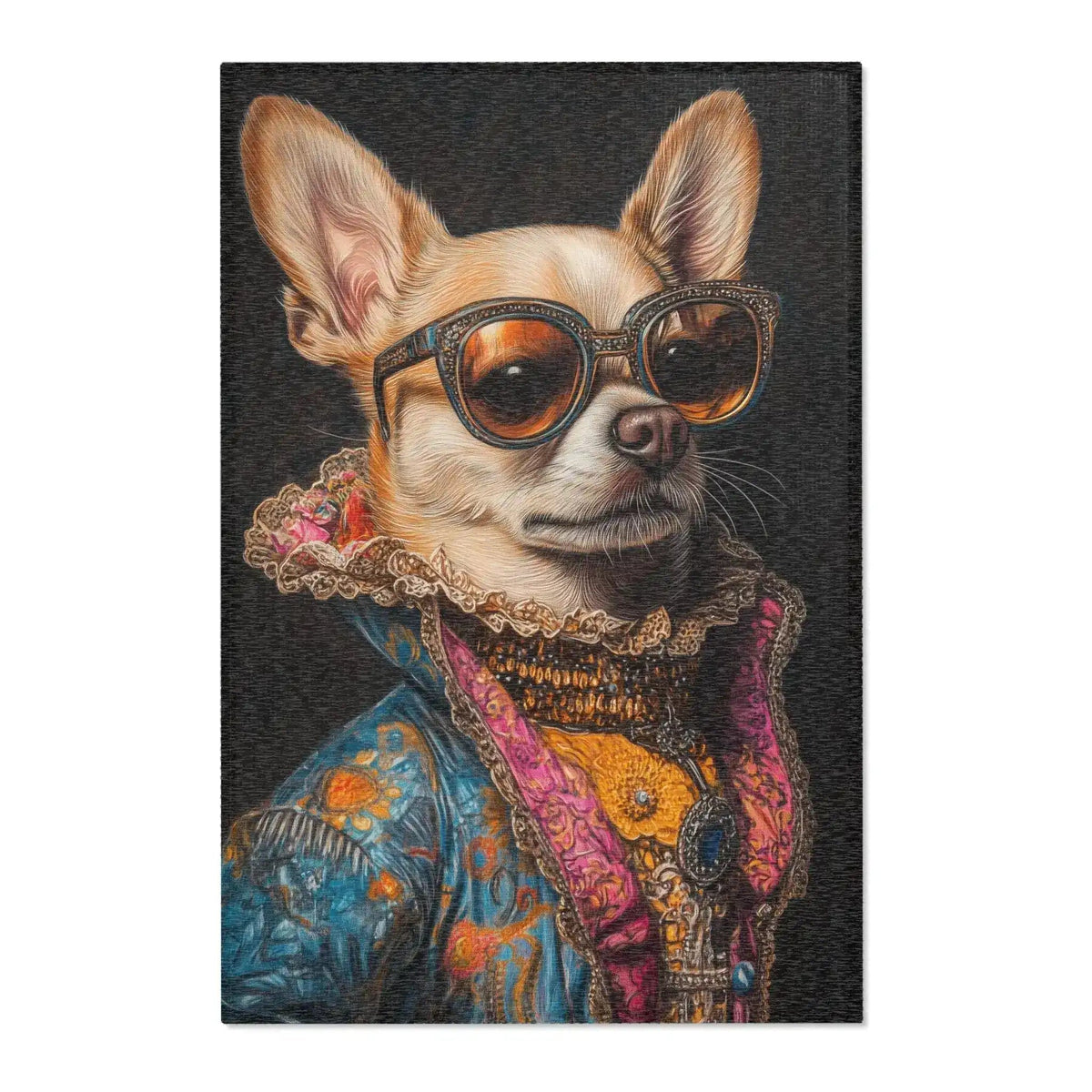 Chihuahua portrait with jeweled sunglasses blue floral jacket and pink gold frilled collar showing woven fabric texture on the Regal Renaissance Chihuahua accent rug