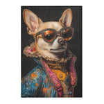 Chihuahua portrait with jeweled sunglasses blue floral jacket and pink gold frilled collar showing woven fabric texture on the Regal Renaissance Chihuahua accent rug