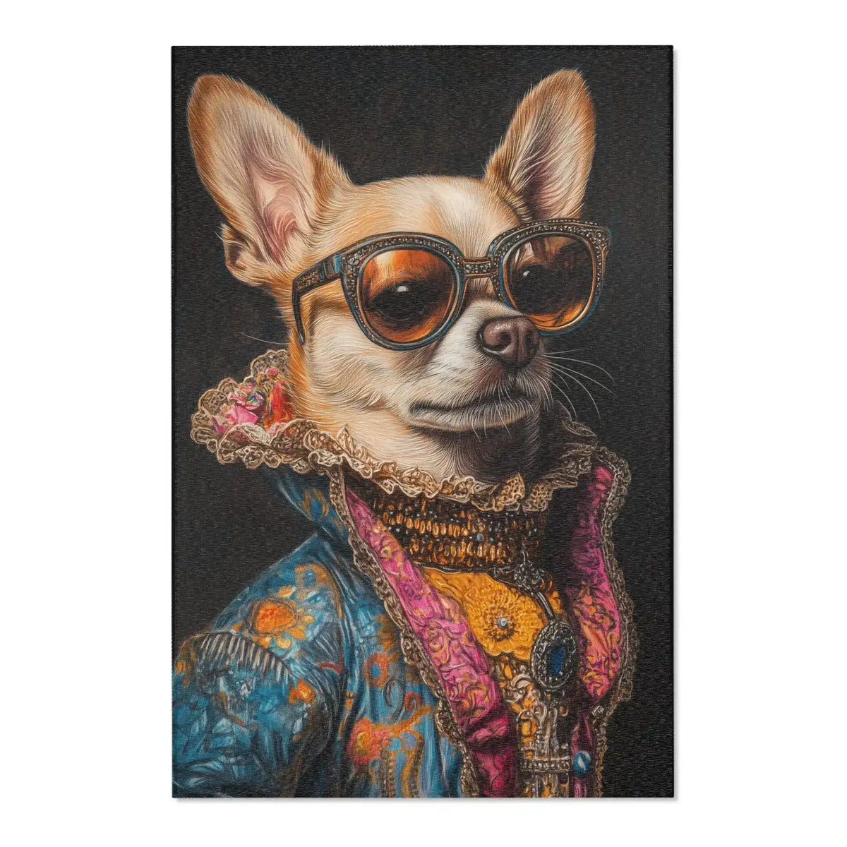 Close-up of chihuahua face with jeweled sunglasses and colorful baroque jacket on dark background, tight crop on the Regal Renaissance Chihuahua accent rug