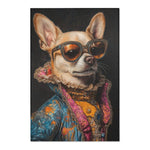 Close-up of chihuahua face with jeweled sunglasses and colorful baroque jacket on dark background, tight crop on the Regal Renaissance Chihuahua accent rug