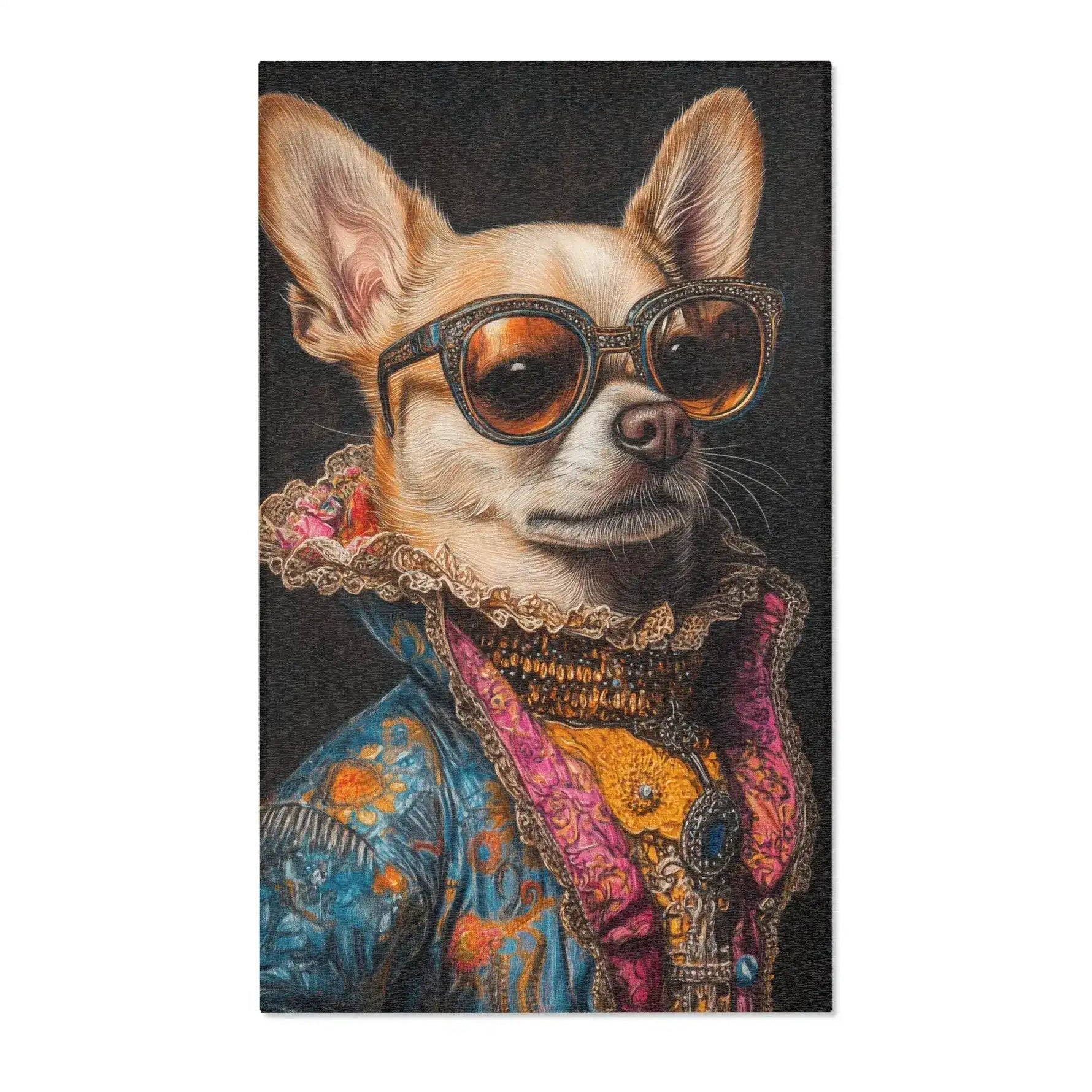 Chihuahua wearing jeweled amber sunglasses and a vibrant blue orange floral coat with pink frilled lace collar on dark background on the Regal Renaissance Chihuahua accent rug