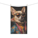 Regal Renaissance Chihuahua kitchen towel hung on clothesline full chihuahua in baroque brocade coat and jeweled sunglasses