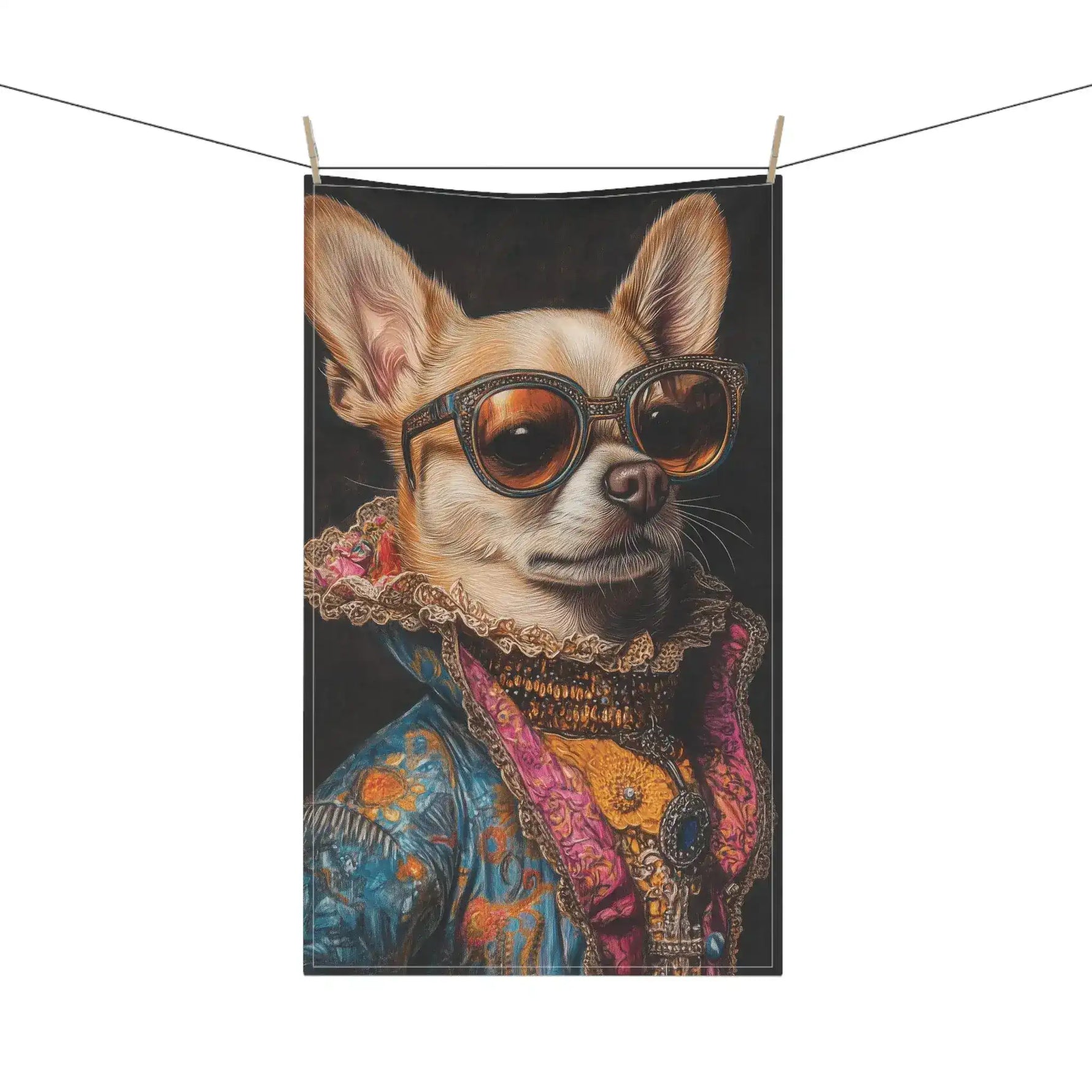 Regal Renaissance Chihuahua kitchen towel hung on clothesline full chihuahua in baroque brocade coat and jeweled sunglasses