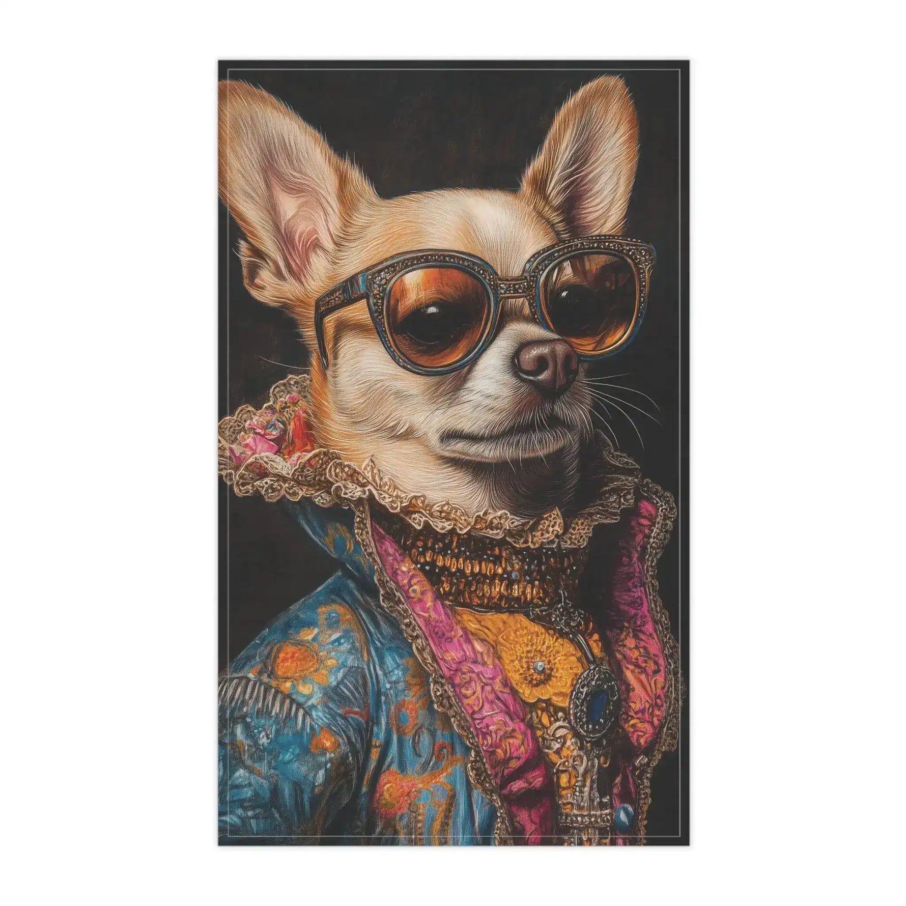 Chihuahua in jeweled cat-eye sunglasses gold pink baroque brocade coat lace ruffle Regal Renaissance Chihuahua kitchen towel front