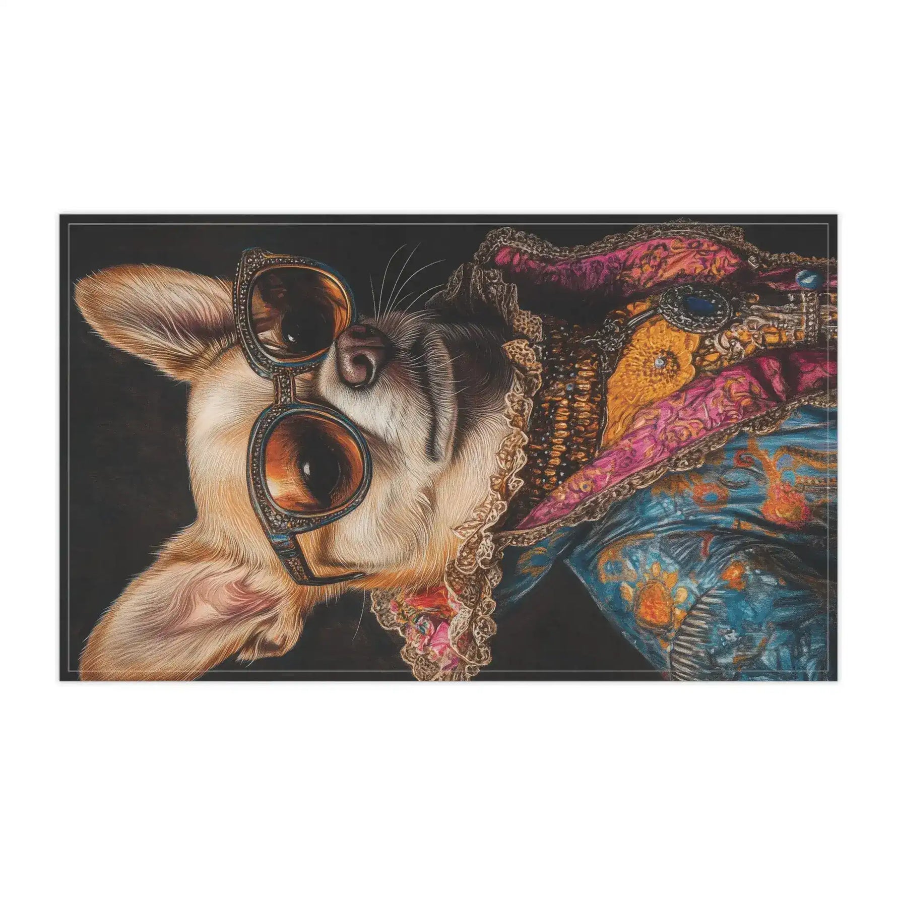 Regal Renaissance Chihuahua kitchen towel horizontal detail chihuahua face tilted oversized amber sunglasses ornate embroidered robe