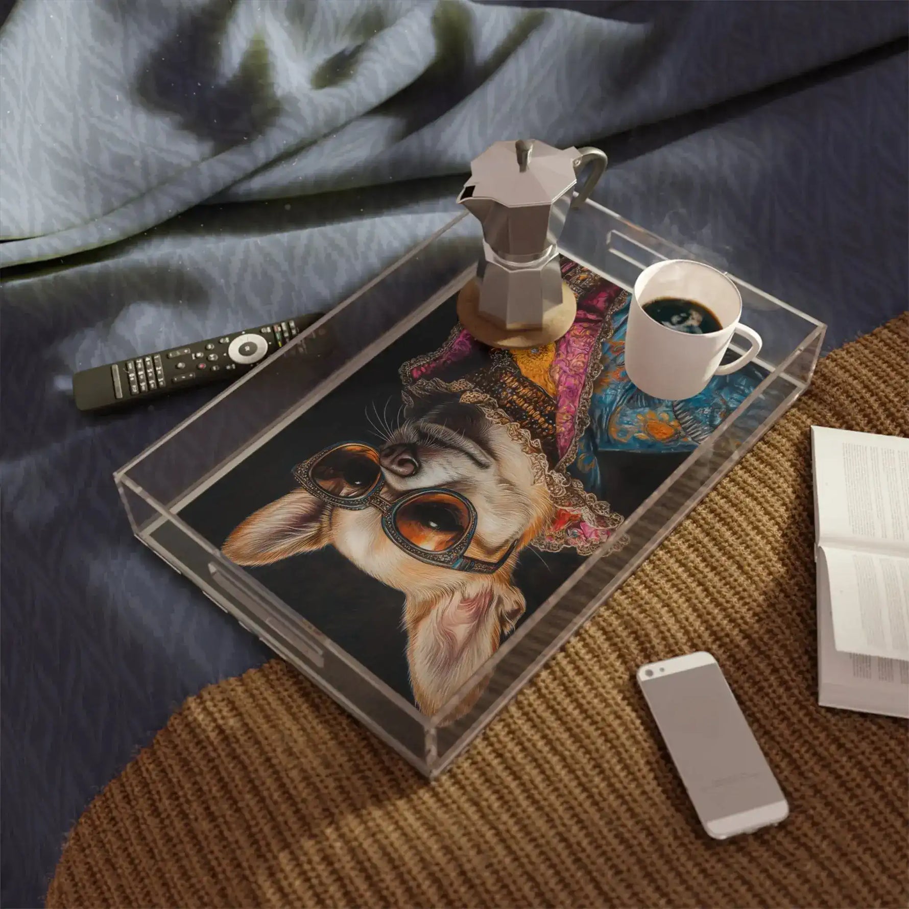 Regal Renaissance Chihuahua Luxe Fashion serving tray on round wicker ottoman with espresso maker and coffee cup in styled room